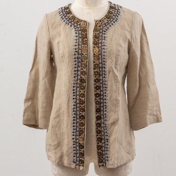 Chico's XS S Linen Embellished Blazer Jacket Layer - Picture 2 of 12